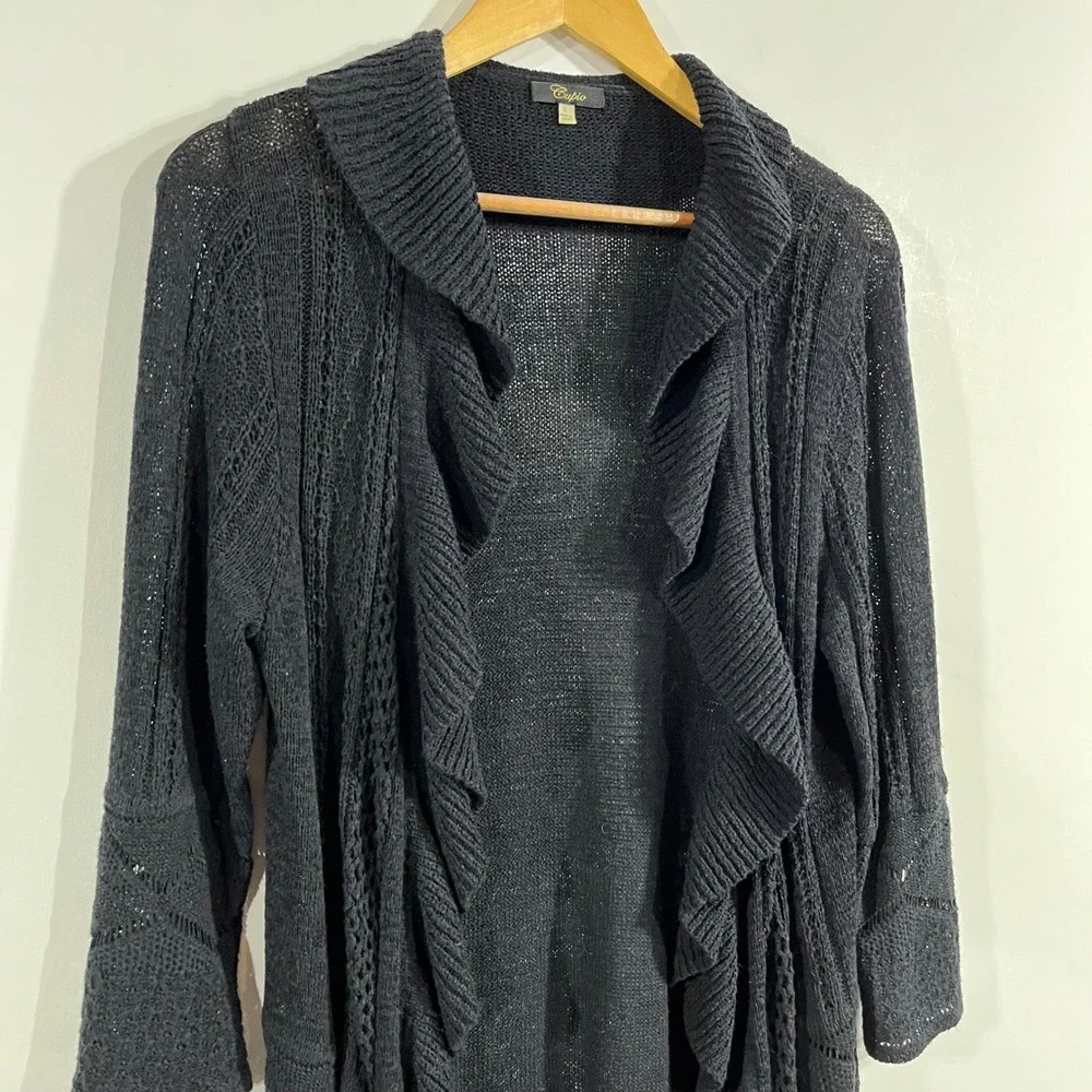 Cupio Penny Lane Bratz Ruffle Open Front Cardigan Knit Sweater Womens Large Boho